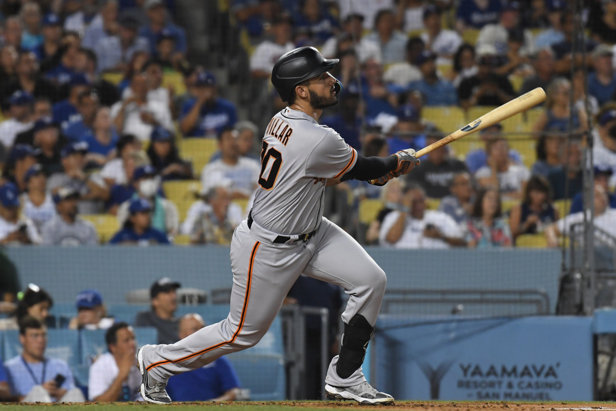 SF Giants infielder David Villar watches a ball after hitting a homer against the Dodgers. (2022)